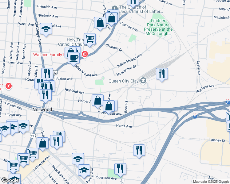 map of restaurants, bars, coffee shops, grocery stores, and more near 2512 Highland Avenue in Norwood