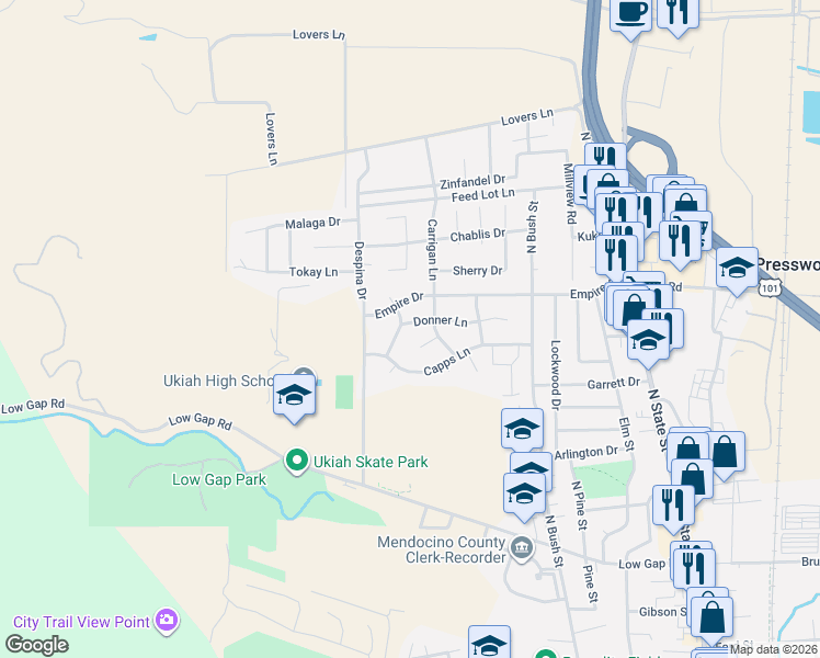 map of restaurants, bars, coffee shops, grocery stores, and more near 1176 Incline Drive in Ukiah