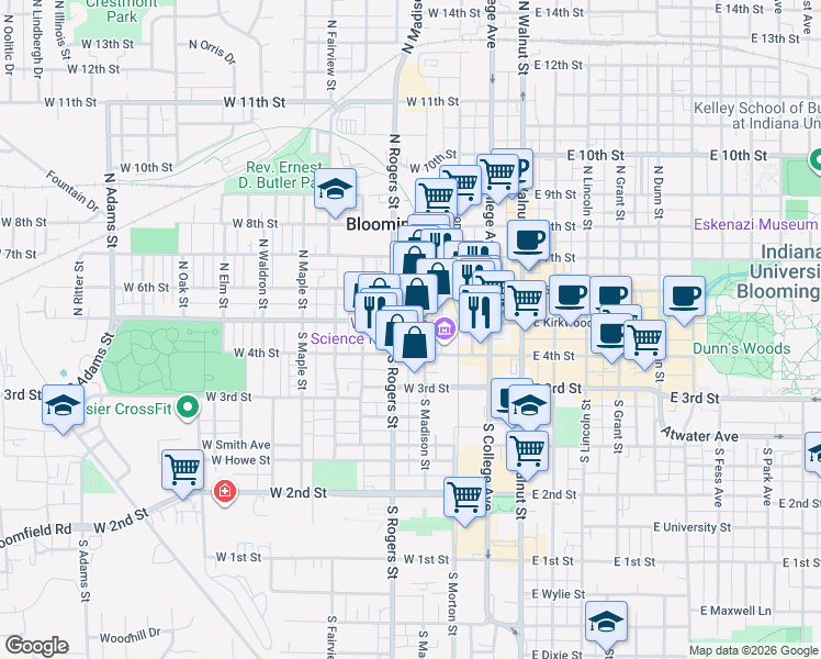 map of restaurants, bars, coffee shops, grocery stores, and more near 411 West Kirkwood Avenue in Bloomington