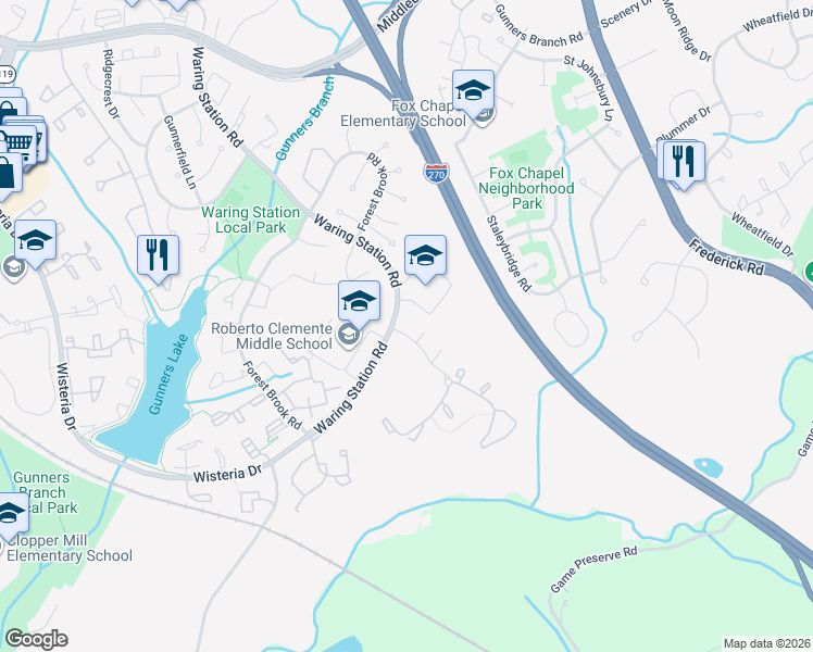 map of restaurants, bars, coffee shops, grocery stores, and more near 11865 Summer Oak Drive in Germantown