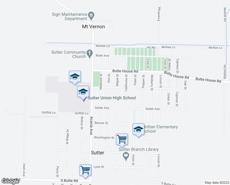 map of restaurants, bars, coffee shops, grocery stores, and more near 2654 Maple Street in Sutter