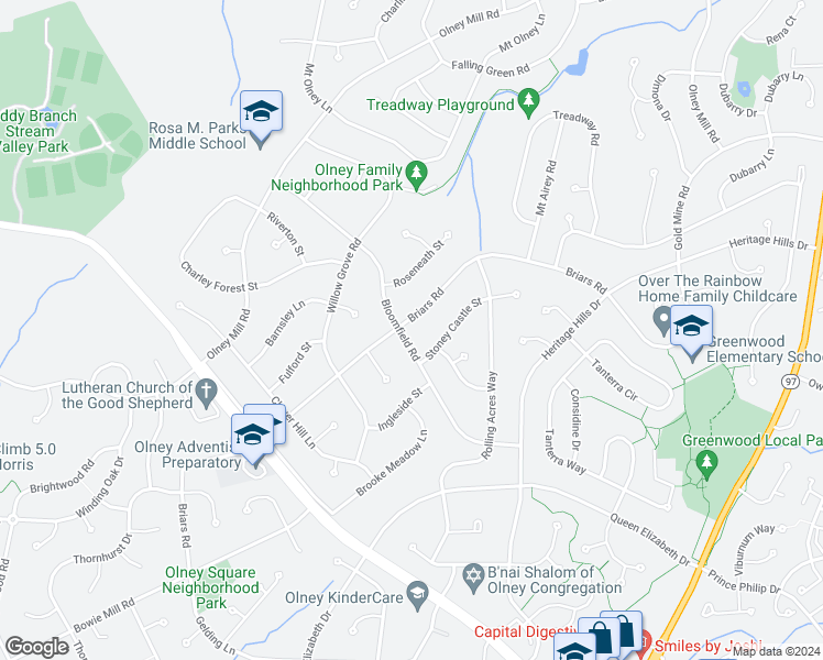 map of restaurants, bars, coffee shops, grocery stores, and more near 3740 Briars Road in Olney
