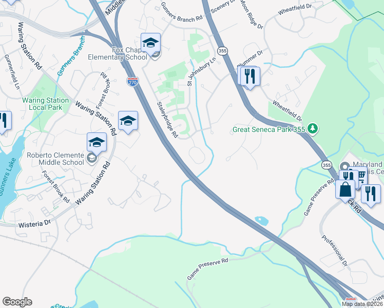 map of restaurants, bars, coffee shops, grocery stores, and more near 18910 Abbotsford Circle in Germantown