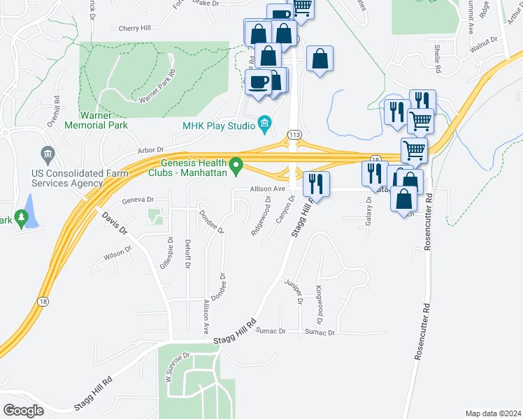 map of restaurants, bars, coffee shops, grocery stores, and more near 713 Ridgewood Drive in Manhattan