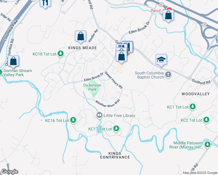 map of restaurants, bars, coffee shops, grocery stores, and more near 7537 Weather Worn Way in Columbia