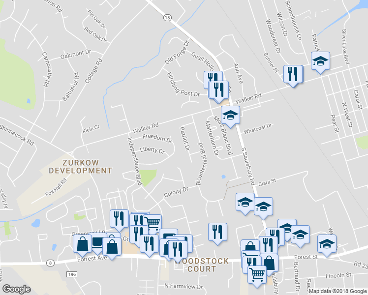map of restaurants, bars, coffee shops, grocery stores, and more near 22 Patriot Drive in Dover