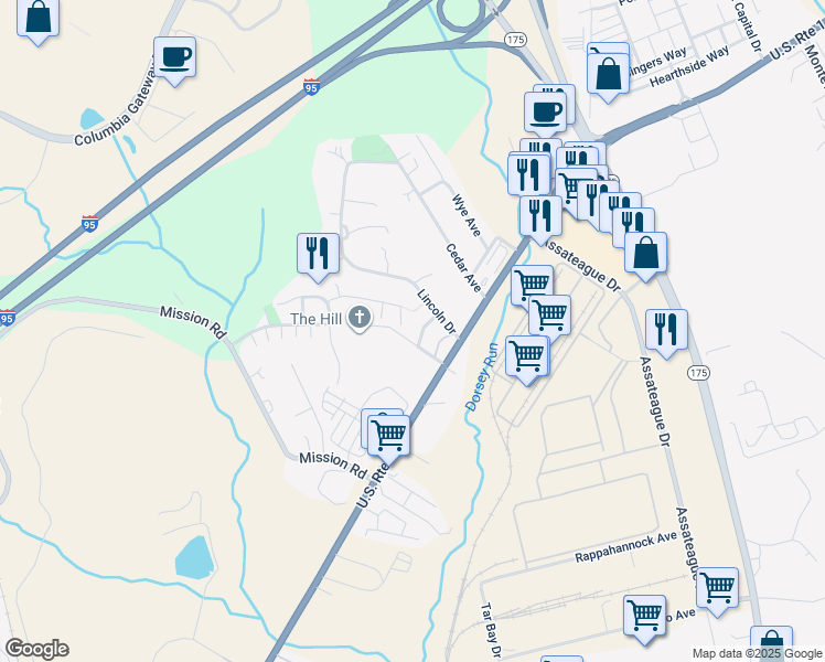 map of restaurants, bars, coffee shops, grocery stores, and more near 7410 Charlie Joyner Drive in Jessup