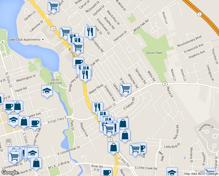 map of restaurants, bars, coffee shops, grocery stores, and more near 57 Greenhill Avenue in Dover