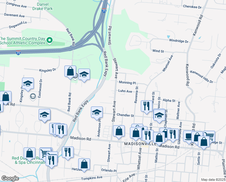 map of restaurants, bars, coffee shops, grocery stores, and more near 5425 Stewart Avenue in Cincinnati