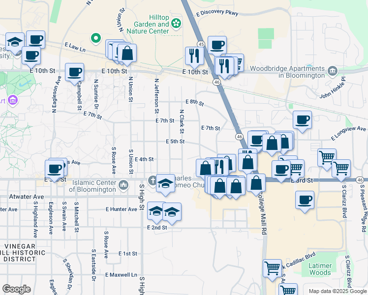 map of restaurants, bars, coffee shops, grocery stores, and more near 113 South Clark Street in Bloomington