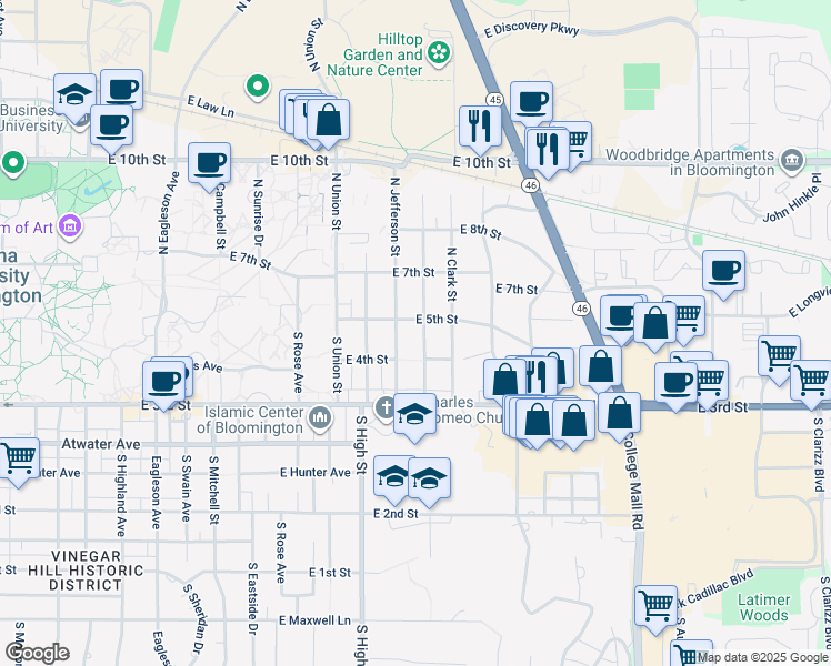 map of restaurants, bars, coffee shops, grocery stores, and more near 2222 East 5th Street in Bloomington