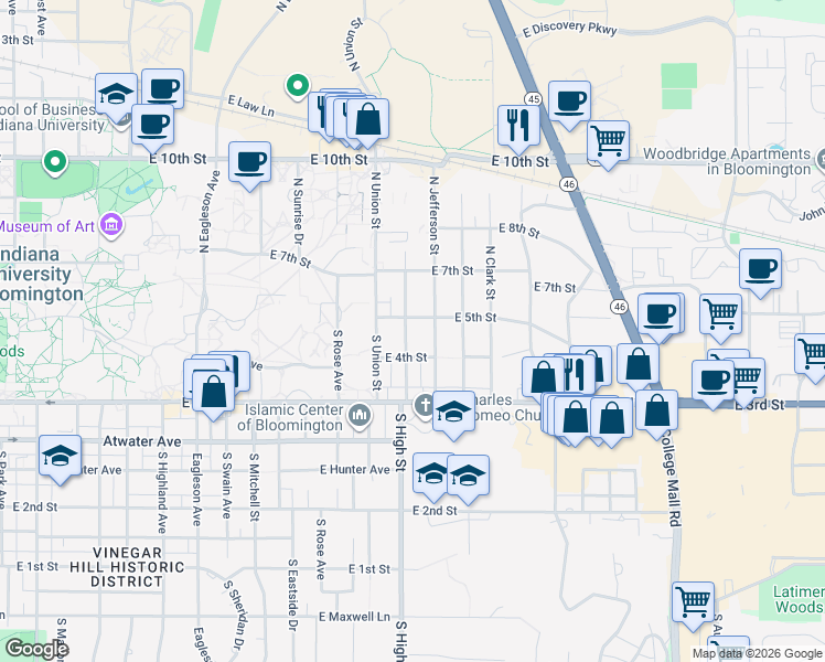 map of restaurants, bars, coffee shops, grocery stores, and more near 105 South Bryan Avenue in Bloomington