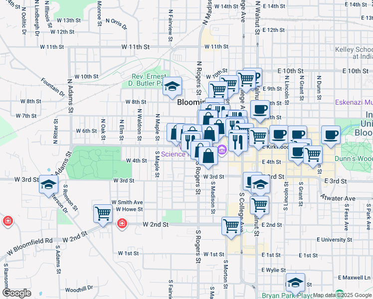 map of restaurants, bars, coffee shops, grocery stores, and more near 515 West Kirkwood Avenue in Bloomington