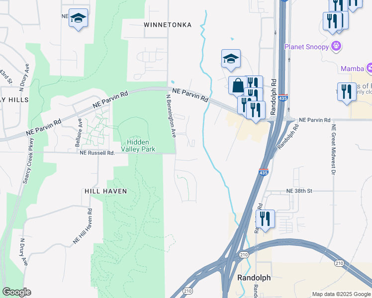 map of restaurants, bars, coffee shops, grocery stores, and more near 4017 North Bennington Avenue in Kansas City