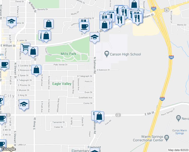 map of restaurants, bars, coffee shops, grocery stores, and more near 400 North Saliman Road in Carson City