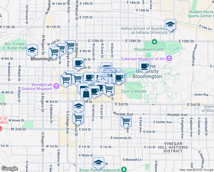 map of restaurants, bars, coffee shops, grocery stores, and more near 420 East Kirkwood Avenue in Bloomington