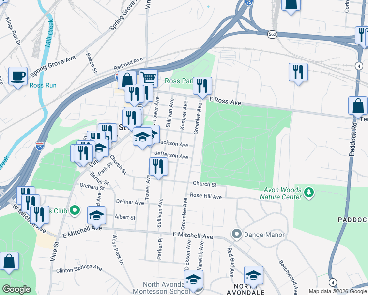map of restaurants, bars, coffee shops, grocery stores, and more near 407 Jackson Avenue in Cincinnati