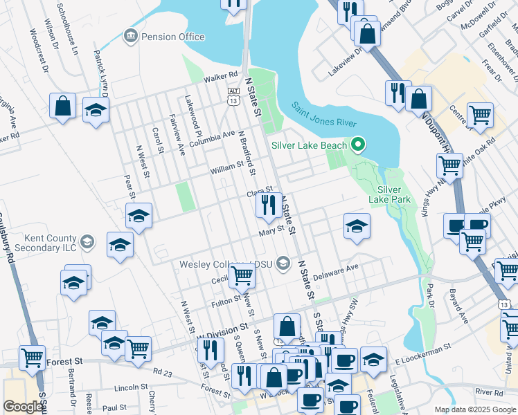 map of restaurants, bars, coffee shops, grocery stores, and more near 328 North Bradford Street in Dover