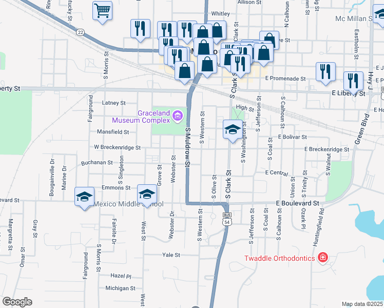 map of restaurants, bars, coffee shops, grocery stores, and more near 716 South Muldrow Street in Mexico