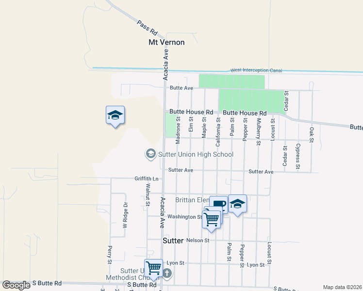 map of restaurants, bars, coffee shops, grocery stores, and more near 2653 Madrone Street in Sutter