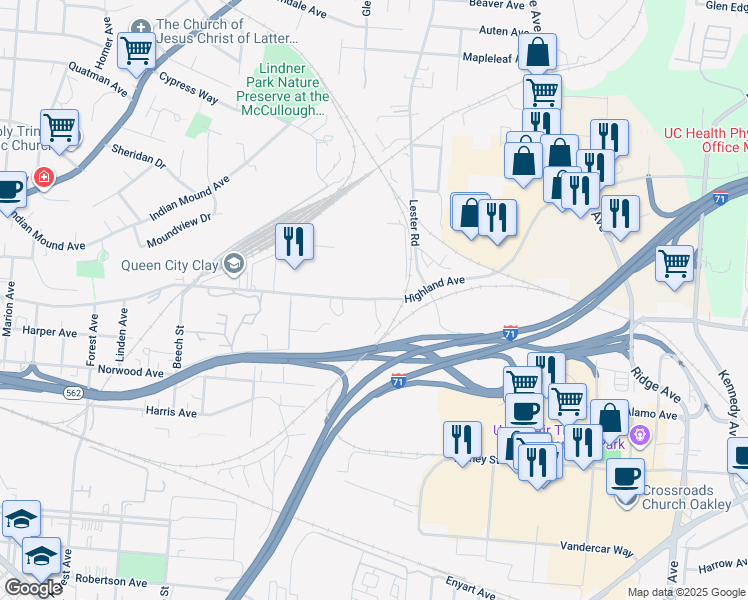 map of restaurants, bars, coffee shops, grocery stores, and more near 2929 Highland Avenue in Cincinnati