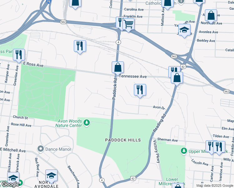 map of restaurants, bars, coffee shops, grocery stores, and more near 1201 Avon Drive in Cincinnati
