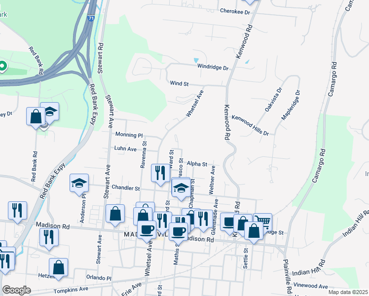 map of restaurants, bars, coffee shops, grocery stores, and more near 5442 Owasco Street in Cincinnati