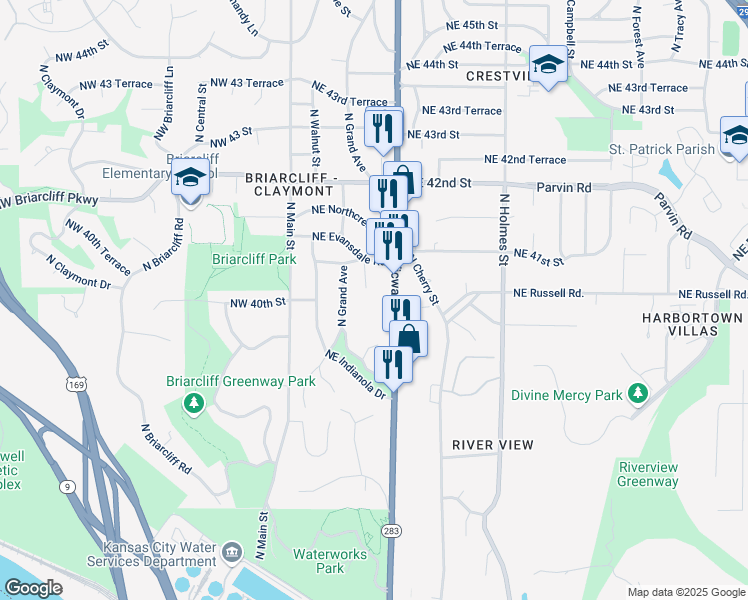 map of restaurants, bars, coffee shops, grocery stores, and more near 3920 North Oak Trafficway in Kansas City