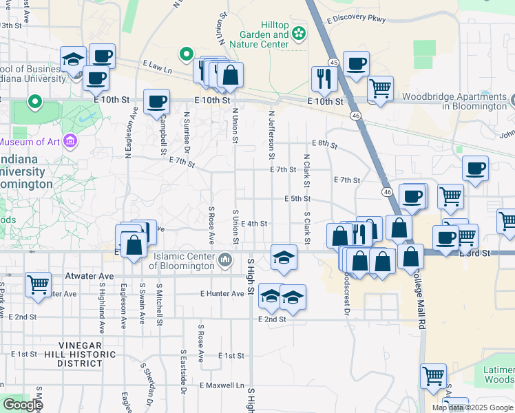 map of restaurants, bars, coffee shops, grocery stores, and more near 105 South Bryan Avenue in Bloomington