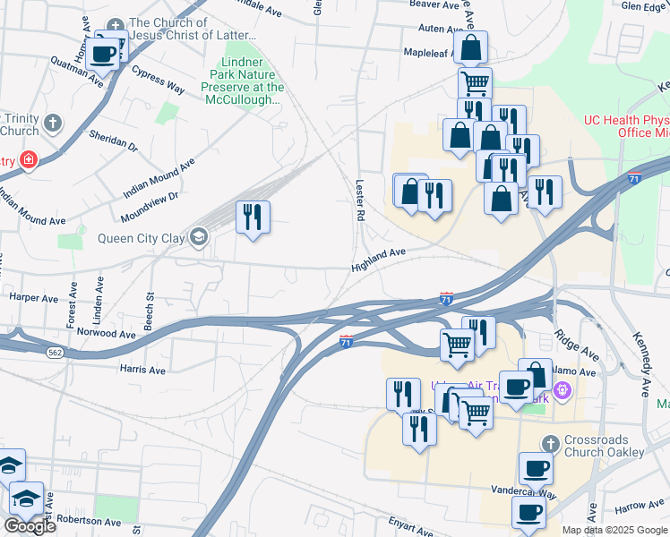 map of restaurants, bars, coffee shops, grocery stores, and more near 2929 Highland Avenue in Cincinnati