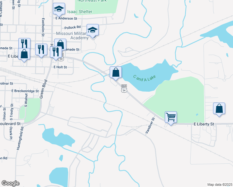 map of restaurants, bars, coffee shops, grocery stores, and more near 1636 East Liberty Street in Mexico