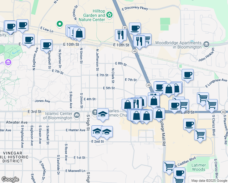 map of restaurants, bars, coffee shops, grocery stores, and more near 113 South Clark Street in Bloomington