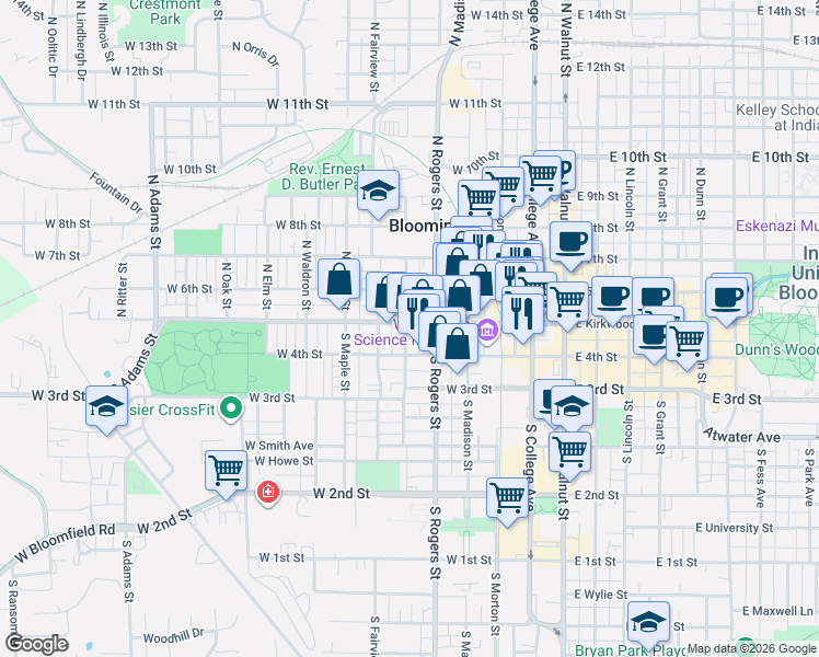map of restaurants, bars, coffee shops, grocery stores, and more near 521 West Kirkwood Avenue in Bloomington