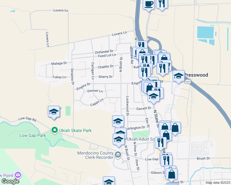 map of restaurants, bars, coffee shops, grocery stores, and more near 525 Donner Court in Ukiah