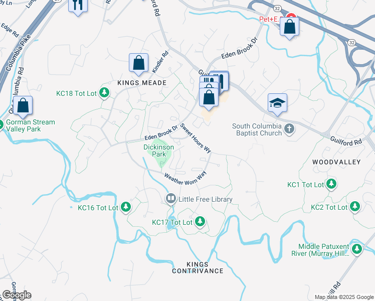 map of restaurants, bars, coffee shops, grocery stores, and more near 7537 Weather Worn Way in Columbia