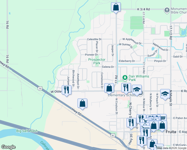 map of restaurants, bars, coffee shops, grocery stores, and more near 486 Gold Rush Drive in Fruita