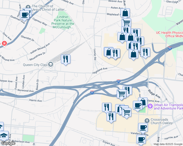 map of restaurants, bars, coffee shops, grocery stores, and more near 2898 Highland Avenue in Cincinnati