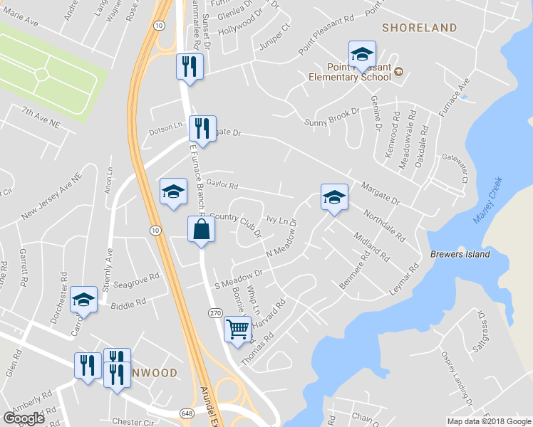 map of restaurants, bars, coffee shops, grocery stores, and more near 2 Ivy Lane in Glen Burnie