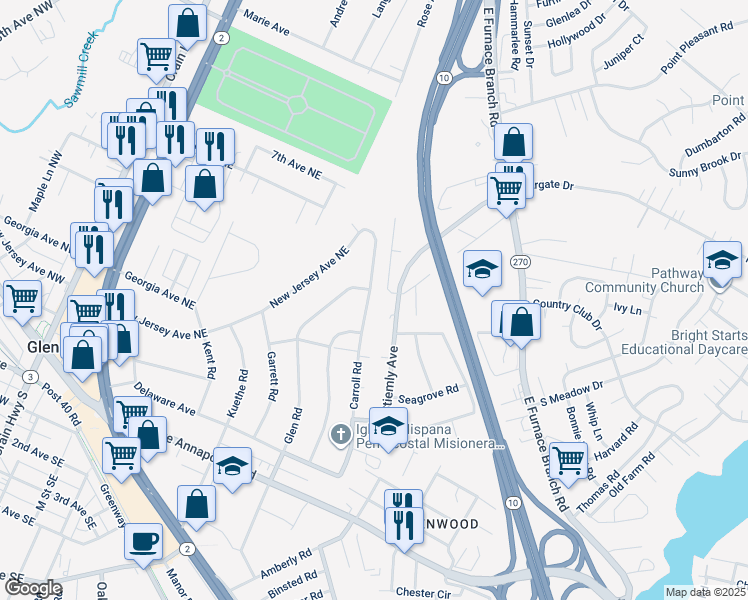 map of restaurants, bars, coffee shops, grocery stores, and more near 225 Carroll Road in Glen Burnie