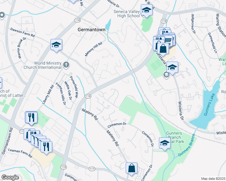 map of restaurants, bars, coffee shops, grocery stores, and more near 18940 Treebranch Terrace in Germantown