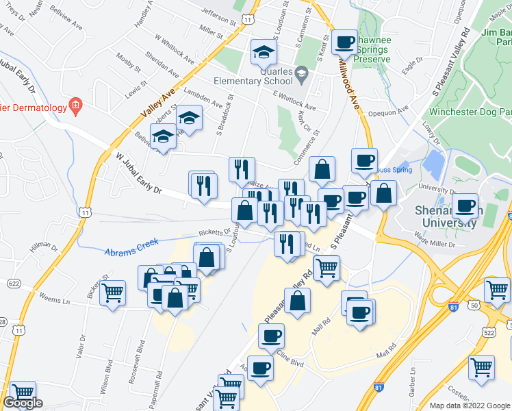 map of restaurants, bars, coffee shops, grocery stores, and more near 110 East Jubal Early Drive in Winchester