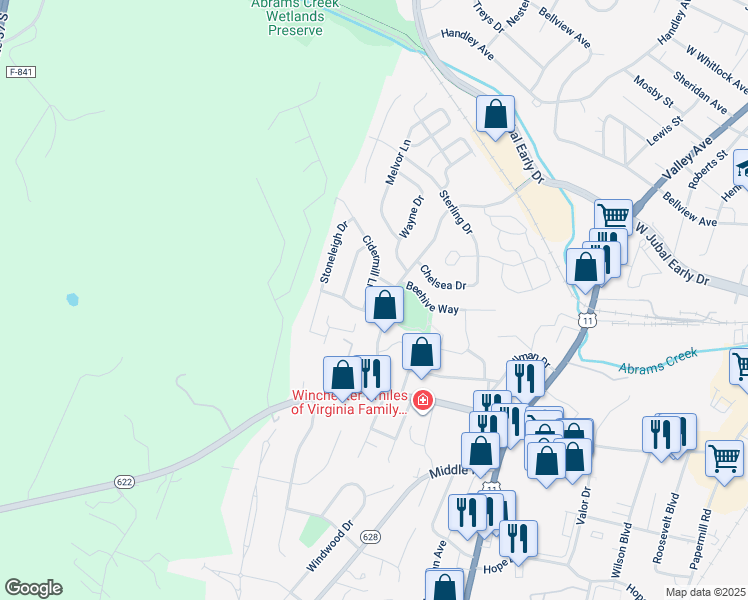 map of restaurants, bars, coffee shops, grocery stores, and more near 2090 Cidermill Lane in Winchester