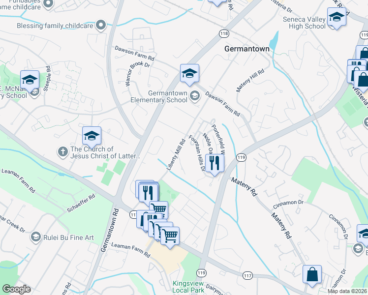 map of restaurants, bars, coffee shops, grocery stores, and more near 18821 Lake Placid Lane in Germantown