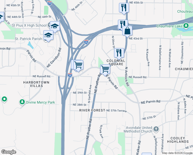 map of restaurants, bars, coffee shops, grocery stores, and more near 3948 North Prather Road in Kansas City
