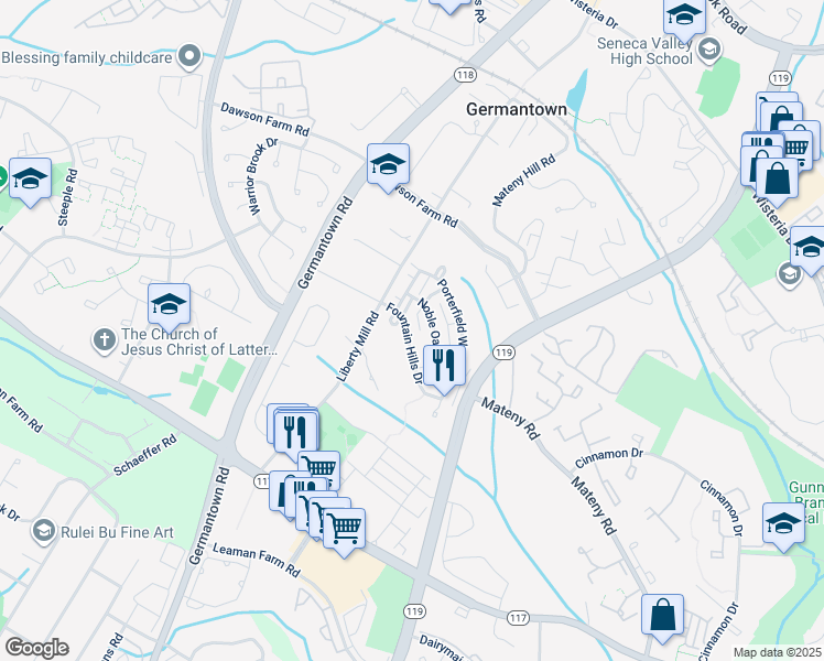 map of restaurants, bars, coffee shops, grocery stores, and more near 18929 Fountain Hills Drive in Germantown