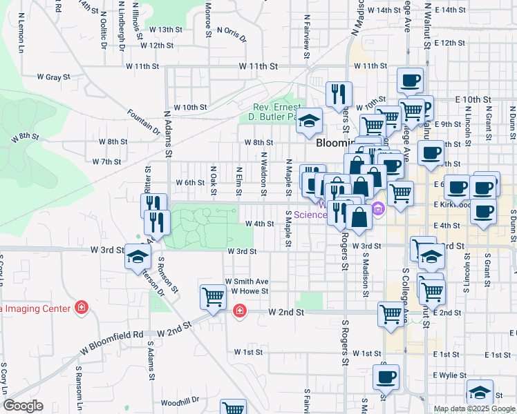 map of restaurants, bars, coffee shops, grocery stores, and more near 907 West Kirkwood Avenue in Bloomington
