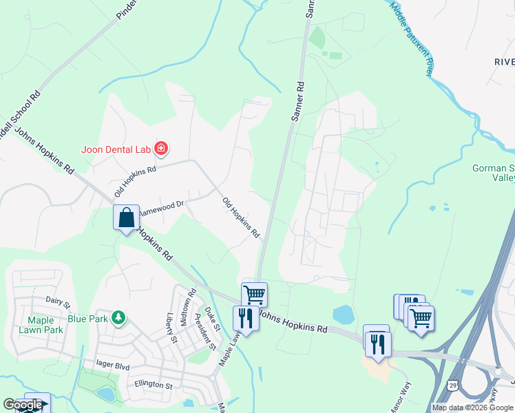 map of restaurants, bars, coffee shops, grocery stores, and more near 11205 Joan Marie Court in Clarksville