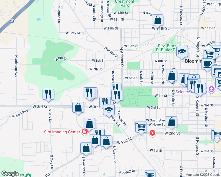map of restaurants, bars, coffee shops, grocery stores, and more near 1409 West Kirkwood Avenue in Bloomington