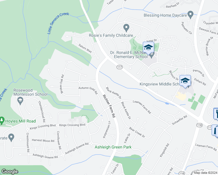 map of restaurants, bars, coffee shops, grocery stores, and more near 18619 Black Kettle Drive in Boyds