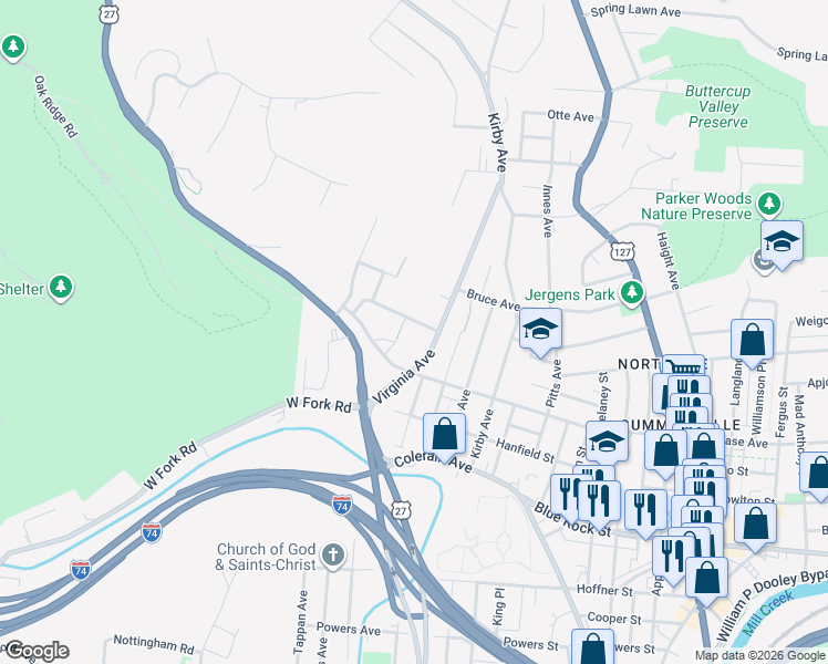 map of restaurants, bars, coffee shops, grocery stores, and more near 1917 Washburn Street in Cincinnati